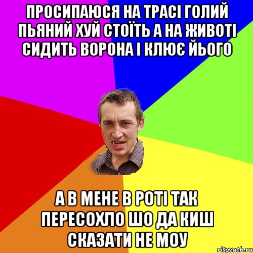 Просипаюся на трасі голий пьяний хуй стоїть а на животі сидить ворона і клює йього а в мене в роті так пересохло шо да киш сказати не моу, Мем Чоткий паца