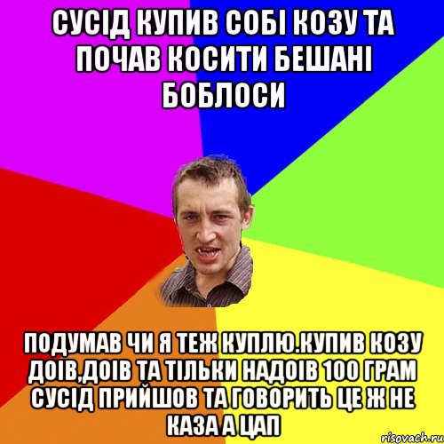 Сусiд купив собi козу та почав косити бешанi боблоси Подумав чи я теж куплю.Купив козу доiв,доiв та тiльки надоiв 100 грам сусiд прийшов та говорить це ж не каза а цап, Мем Чоткий паца