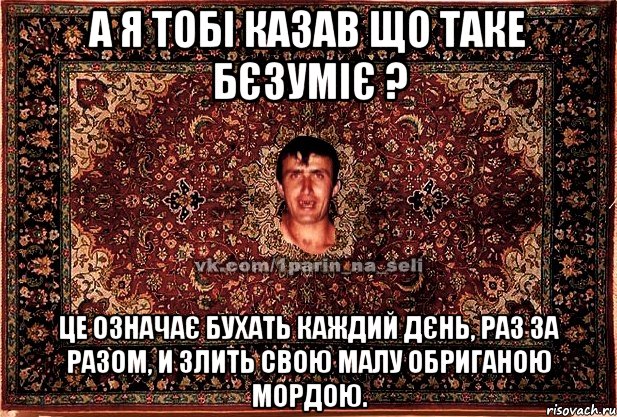 а я тобі казав що таке бєзуміє ? це означає бухать каждий дєнь, раз за разом, и злить свою малу обриганою мордою., Мем Парнь на сел