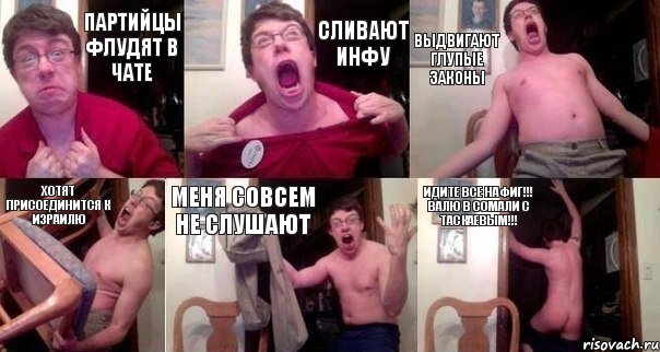 Партийцы флудят в чате Сливают инфу Выдвигают глупые законы Хотят присоединится к Израилю Меня совсем не слушают ИДИТЕ ВСЕ НАФИГ!!! Валю в Сомали с Таскаевым!!!