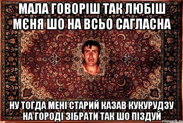 мала говоріш так любіш мєня шо на всьо сагласна ну тогда мені старий казав кукурудзу на городі зібрати так шо піздуй, Мем Перший парнь на сел