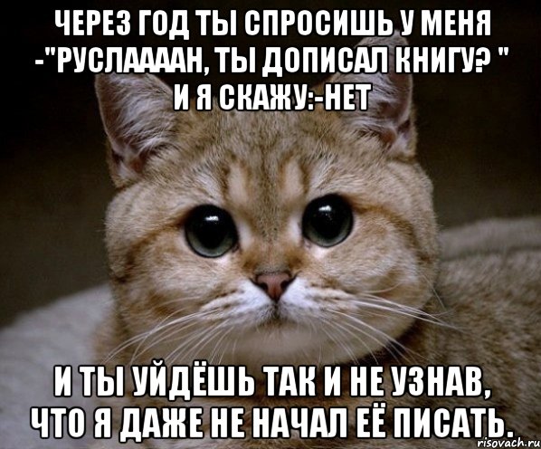 Через год ты спросишь у меня -"Руслаааан, ты дописал книгу? " И я скажу:-Нет И ты уйдёшь так и не узнав, что я даже не начал её писать., Мем Пидрила Ебаная