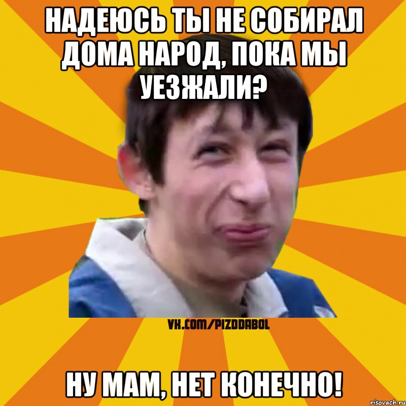 Надеюсь ты не собирал дома народ, пока мы уезжали? Ну мам, нет конечно!, Мем Типичный врунишка