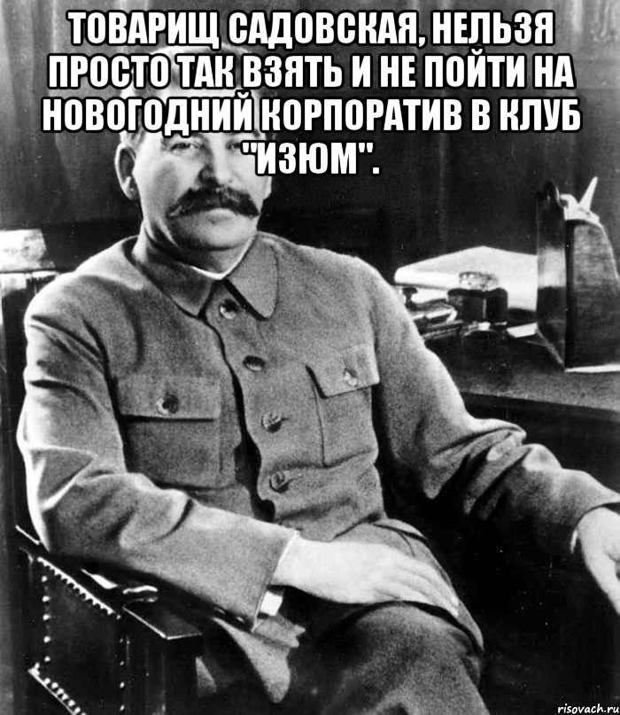 товарищ садовская, нельзя просто так взять и не пойти на новогодний корпоратив в клуб "изюм". , Мем  иосиф сталин