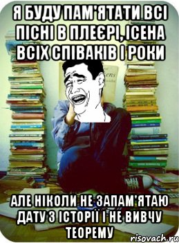 я буду пам'ятати всі пісні в плеєрі, ісена всіх співаків і роки але ніколи не запам'ятаю дату з історії і не вивчу теорему