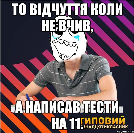 То відчуття коли не вчив, а написав тести на 11., Мем Типовий одинадцятикласник