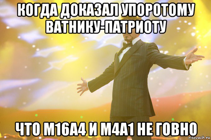 когда доказал упоротому ватнику-патриоту что м16а4 и м4а1 не говно, Мем Тони Старк (Роберт Дауни младший)