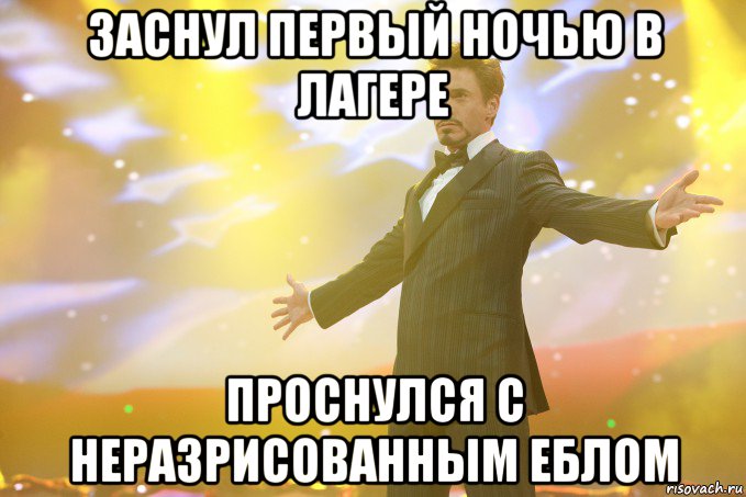 заснул первый ночью в лагере проснулся с неразрисованным еблом, Мем Тони Старк (Роберт Дауни младший)