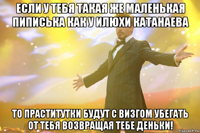 если у тебя такая же маленькая пиписька как у илюхи катанаева то праститутки будут с визгом убегать от тебя возвращая тебе деньки!, Мем Тони Старк (Роберт Дауни младший)