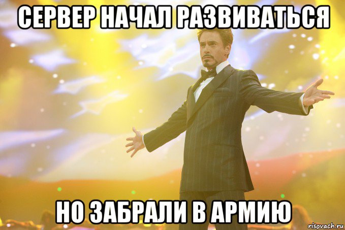 сервер начал развиваться но забрали в армию, Мем Тони Старк (Роберт Дауни младший)