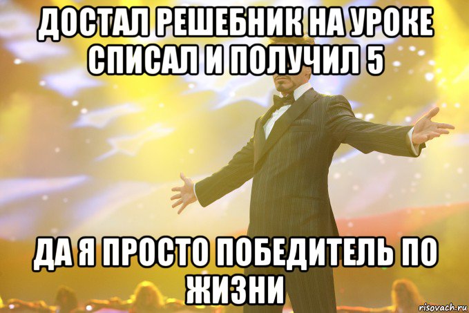 достал решебник на уроке списал и получил 5 да я просто победитель по жизни, Мем Тони Старк (Роберт Дауни младший)