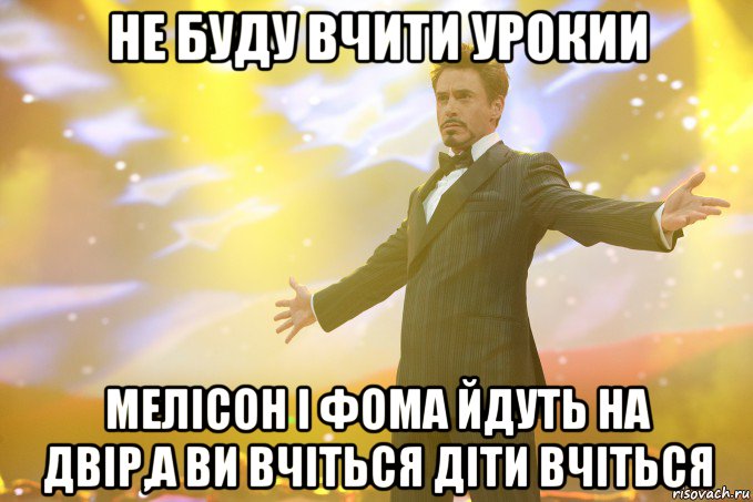 не буду вчити урокии мелісон і фома йдуть на двір,а ви вчіться діти вчіться, Мем Тони Старк (Роберт Дауни младший)