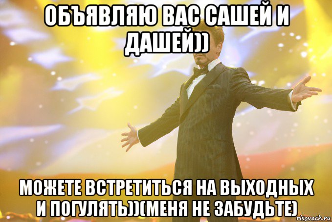 объявляю вас сашей и дашей)) можете встретиться на выходных и погулять))(меня не забудьте), Мем Тони Старк (Роберт Дауни младший)