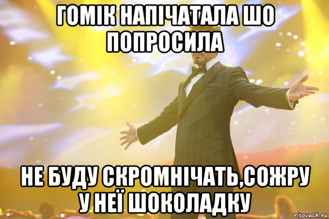 гомік напічатала шо попросила не буду скромнічать,сожру у неї шоколадку, Мем Тони Старк (Роберт Дауни младший)