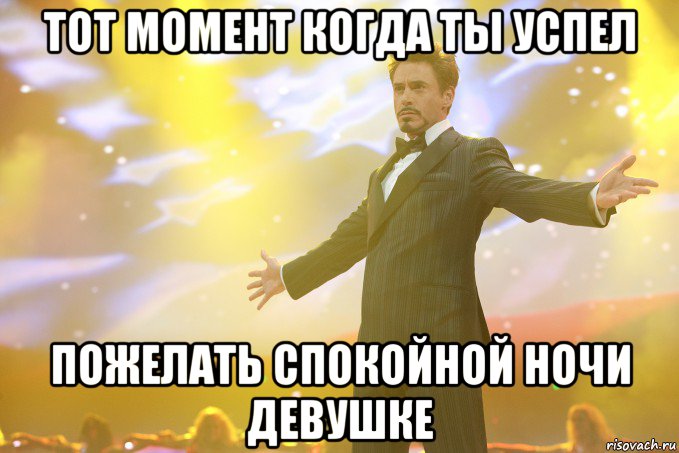 тот момент когда ты успел пожелать спокойной ночи девушке, Мем Тони Старк (Роберт Дауни младший)