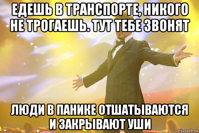 едешь в транспорте, никого не трогаешь. тут тебе звонят люди в панике отшатываются и закрывают уши, Мем Тони Старк (Роберт Дауни младший)