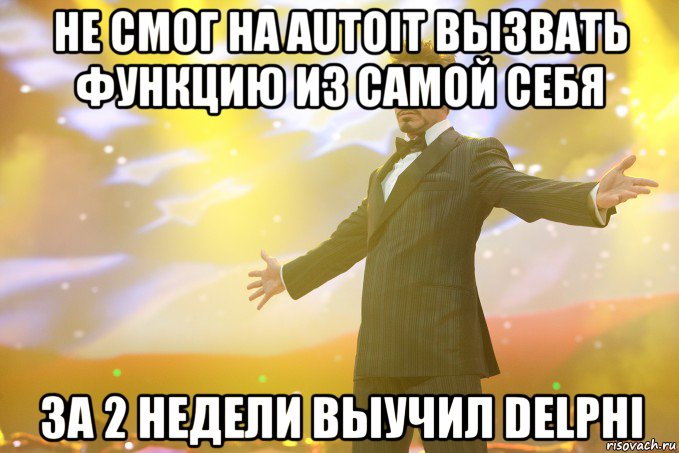 не смог на Autoit вызвать функцию из самой себя за 2 недели выучил Delphi, Мем Тони Старк (Роберт Дауни младший)