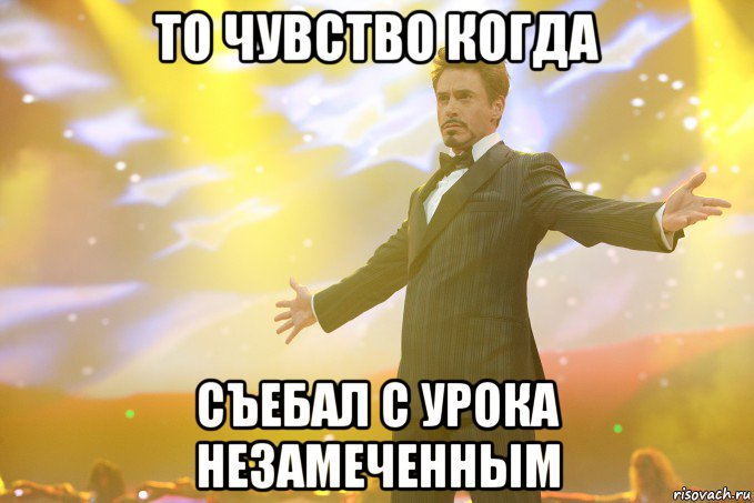 то чувство когда съебал с урока незамеченным, Мем Тони Старк (Роберт Дауни младший)