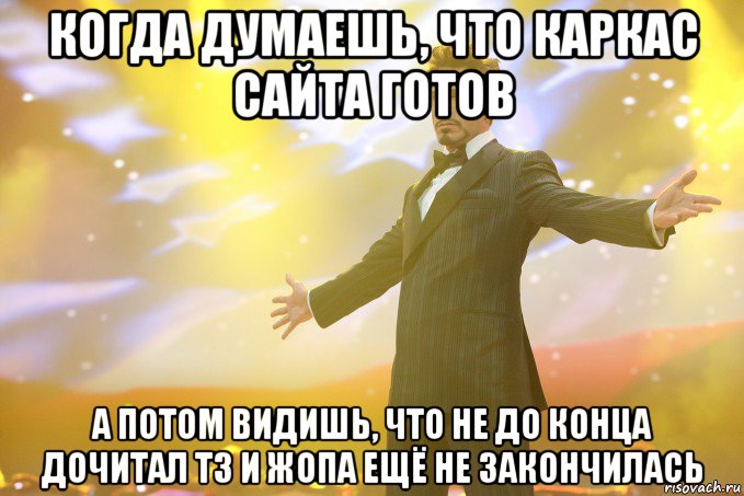 КОГДА ДУМАЕШЬ, ЧТО КАРКАС САЙТА ГОТОВ А ПОТОМ ВИДИШЬ, ЧТО НЕ ДО КОНЦА ДОЧИТАЛ ТЗ И ЖОПА ЕЩЁ НЕ ЗАКОНЧИЛАСЬ, Мем Тони Старк (Роберт Дауни младший)