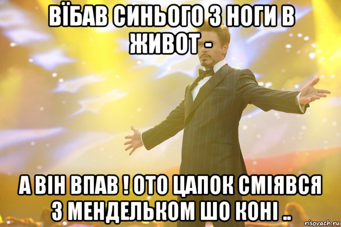 Вїбав Синього з ноги в живот - а він впав ! Ото цапок сміявся з мендельком шо коні .., Мем Тони Старк (Роберт Дауни младший)