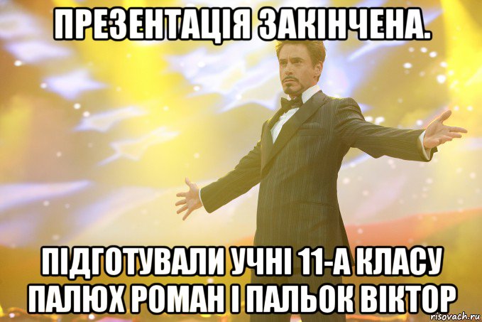 Презентація закінчена. Підготували Учні 11-А класу Палюх Роман і Пальок Віктор, Мем Тони Старк (Роберт Дауни младший)