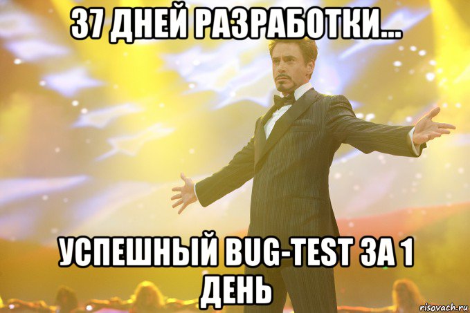 37 дней разработки... успешный Bug-test за 1 день, Мем Тони Старк (Роберт Дауни младший)