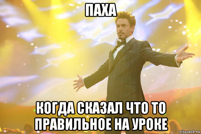 Паха когда сказал что то правильное на уроке, Мем Тони Старк (Роберт Дауни младший)