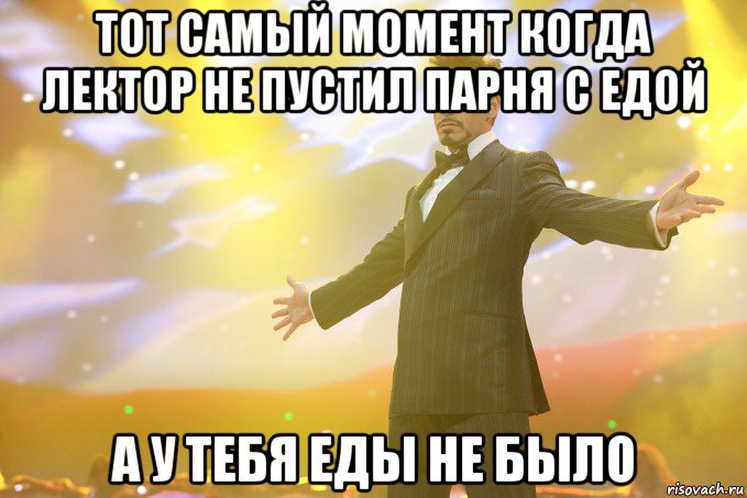 тот самый момент когда лектор не пустил парня с едой а у тебя еды не было, Мем Тони Старк (Роберт Дауни младший)