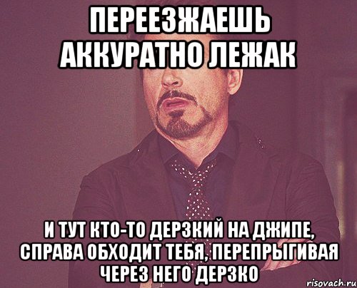 Переезжаешь аккуратно лежак И тут кто-то дерзкий на джипе, справа обходит тебя, перепрыгивая через него дерзко, Мем твое выражение лица