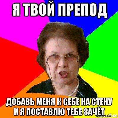 я твой препод добавь меня к себе на стену и я поставлю тебе зачёт, Мем Типичная училка