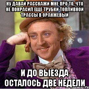 ну давай расскажи мне про то, что не покрасил еще трубки топливной трассы в оранжевый и до выезда осталось две недели, Мем Ну давай расскажи (Вилли Вонка)