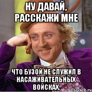 ну давай, расскажи мне что бузой не служил в насаживательных войсках., Мем Ну давай расскажи (Вилли Вонка)