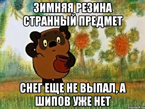 зимняя резина странный предмет снег еще не выпал, а шипов уже нет, Мем Винни пух чешет затылок