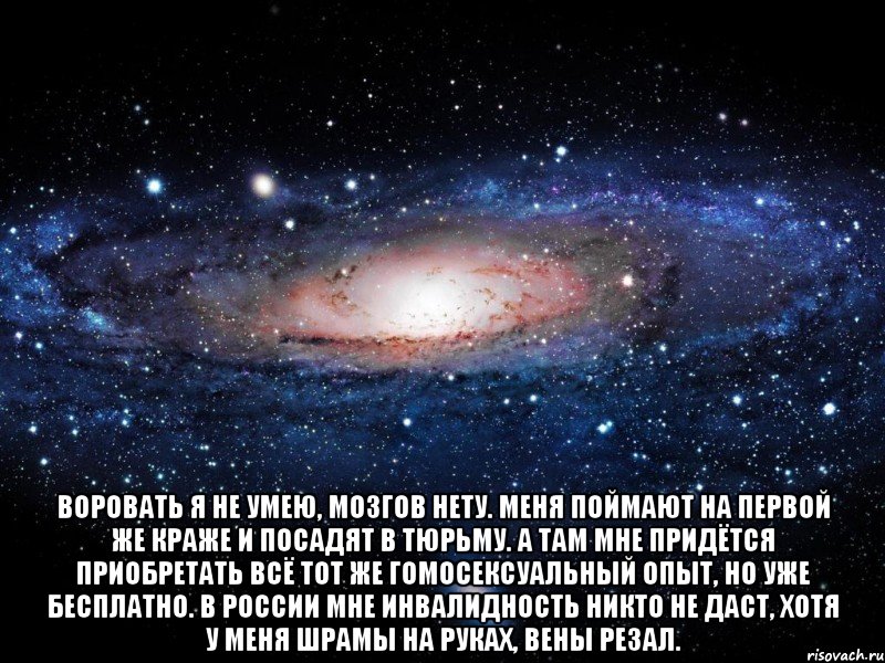  Воровать я не умею, мозгов нету. Меня поймают на первой же краже и посадят в тюрьму. А там мне придётся приобретать всё тот же гомосексуальный опыт, но уже бесплатно. В России мне инвалидность никто не даст, хотя у меня шрамы на руках, вены резал., Мем Вселенная