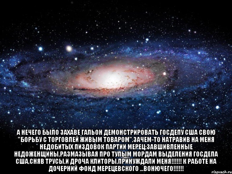  А нечего было Захаве Гальон ДЕМОНСТРИРОВАТЬ ГОСДЕПу США СВОЮ "борьбу с торговлей живым товаром",зачем-то НАТРАВИВ на меня НЕДОБИТЫХ пиздовок партии МЕРЕЦ:завшивленные НЕДОЖЕНЩИНЫ,размазывая про ТУПЫМ МОРДАМ ВЫДЕЛЕНИЯ ГОСДЕПа США,сняв трусы,и дроча клиторы,ПРИНУЖДАЛИ МЕНЯ!!!!!! к работе на ДОЧЕРНИЙ фонд МЕРЕЦевского ...ВОНЮЧЕГО!!!!!!, Мем Вселенная