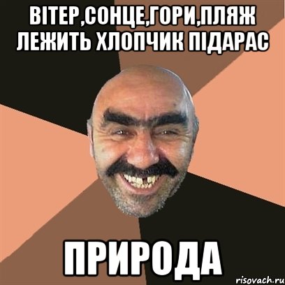 Вітер,сонце,гори,пляж лежить хлопчик підарас ПРИРОДА, Мем Я твой дом труба шатал