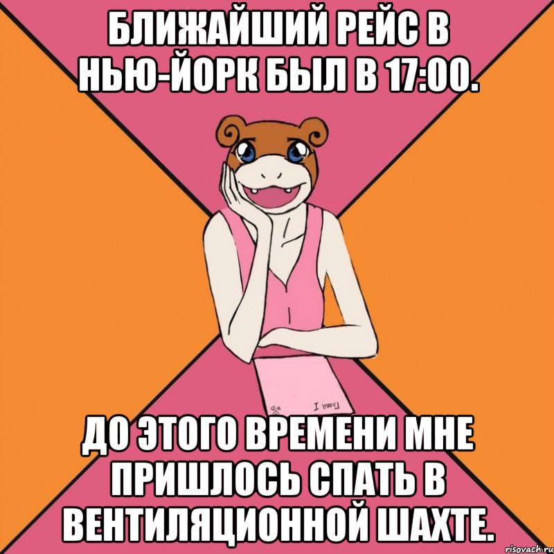 ближайший рейс в нью-йорк был в 17:00. до этого времени мне пришлось спать в вентиляционной шахте.