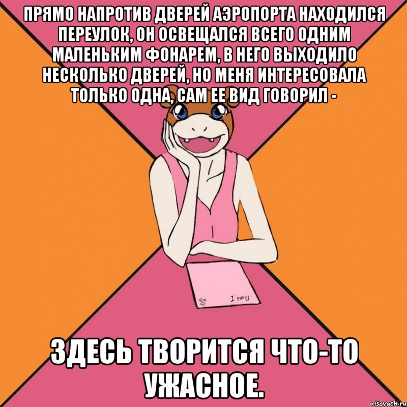 прямо напротив дверей аэропорта находился переулок, он освещался всего одним маленьким фонарем, в него выходило несколько дверей, но меня интересовала только одна, сам ее вид говорил - здесь творится что-то ужасное.