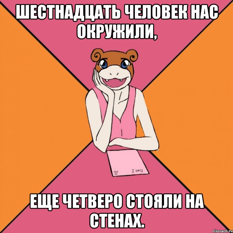 шестнадцать человек нас окружили, еще четверо стояли на стенах.