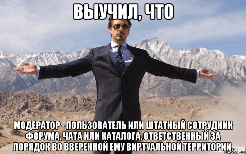 выучил, что модератор - пользователь или штатный сотрудник форума, чата или каталога, ответственный за порядок во вверенной ему виртуальной территории., Мем железный человек