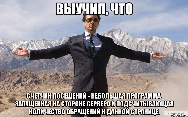 выучил, что счетчик посещений - небольшая программа, запущенная на стороне сервера и подсчитывающая количество обращений к данной странице., Мем железный человек