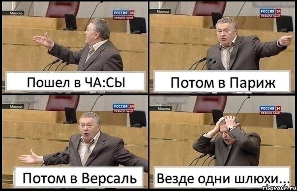 Пошел в ЧА:СЫ Потом в Париж Потом в Версаль Везде одни шлюхи..., Комикс Жирик в шоке хватается за голову