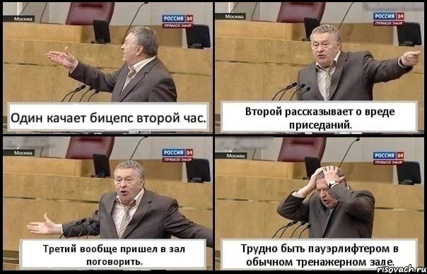 Один качает бицепс второй час. Второй рассказывает о вреде приседаний. Третий вообще пришел в зал поговорить. Трудно быть пауэрлифтером в обычном тренажерном зале., Комикс Жирик в шоке хватается за голову