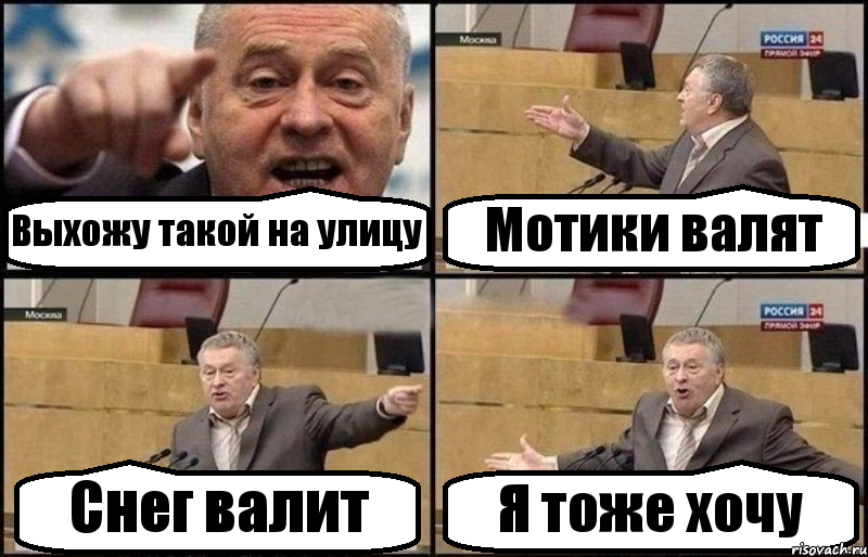 Выхожу такой на улицу Мотики валят Снег валит Я тоже хочу, Комикс Жириновский