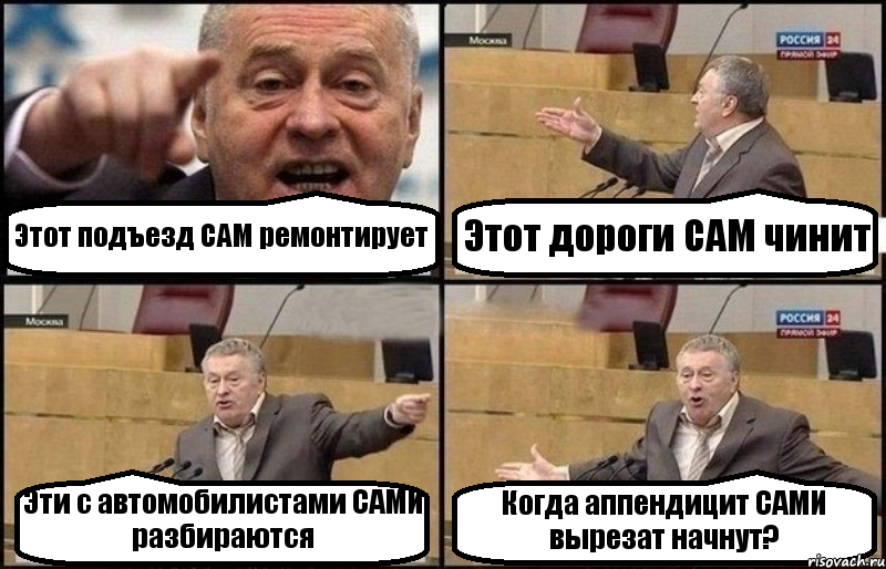 Этот подъезд САМ ремонтирует Этот дороги САМ чинит Эти с автомобилистами САМИ разбираются Когда аппендицит САМИ вырезат начнут?, Комикс Жириновский