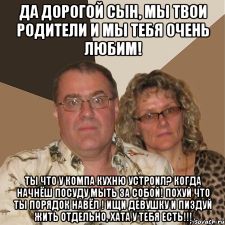 Да дорогой сын, мы твои родители и мы тебя очень любим! Ты что у компа кухню устроил? когда начнёш посуду мыть за собой! похуй что ты порядок навёл ! Ищи девушку и пиздуй жить отдельно, хата у тебя есть!!!, Мем  Злые родители