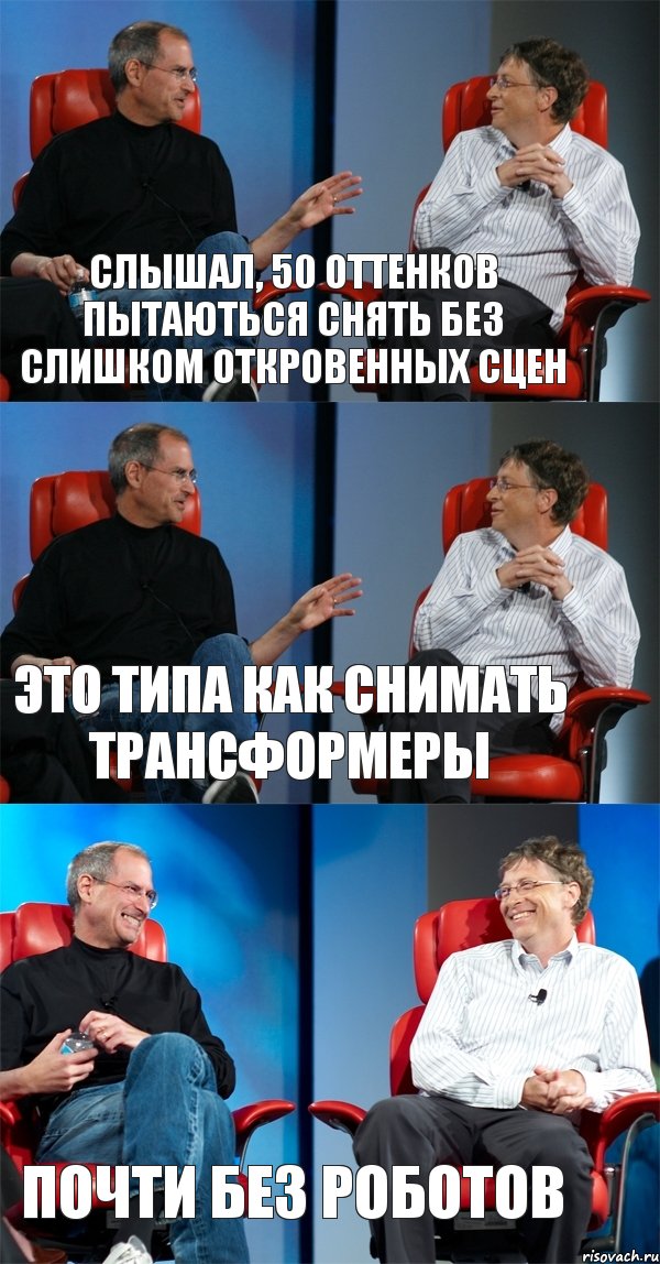 слышал, 50 оттенков пытаються снять без слишком откровенных сцен это типа как снимать трансформеры почти без роботов