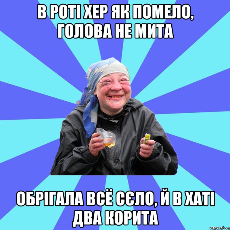 в роті хер як помело, голова не мита обрігала всё сєло, й в хаті два корита, Мем Чотка Двка