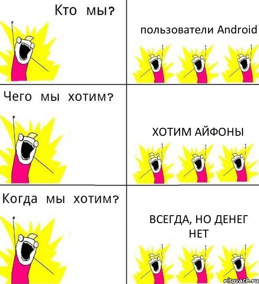 пользователи Android хотим айфоны всегда, но денег нет, Комикс Что мы хотим