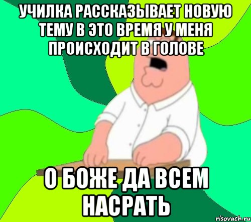 УЧИЛКА РАССКАЗЫВАЕТ НОВУЮ ТЕМУ В ЭТО ВРЕМЯ У МЕНЯ ПРОИСХОДИТ В ГОЛОВЕ О БОЖЕ ДА ВСЕМ НАСРАТЬ, Мем  Да всем насрать (Гриффин)